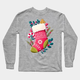 Christmas stocking with decoration on mint background. Cute festive winter holiday illustration. Bright colorful pink and blue design. Long Sleeve T-Shirt